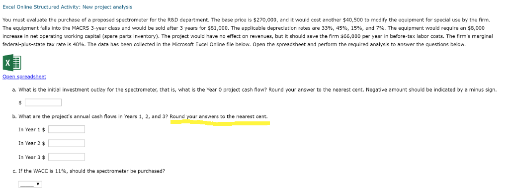  Excel Online Structured Activity: New project analysis You must evaluate the