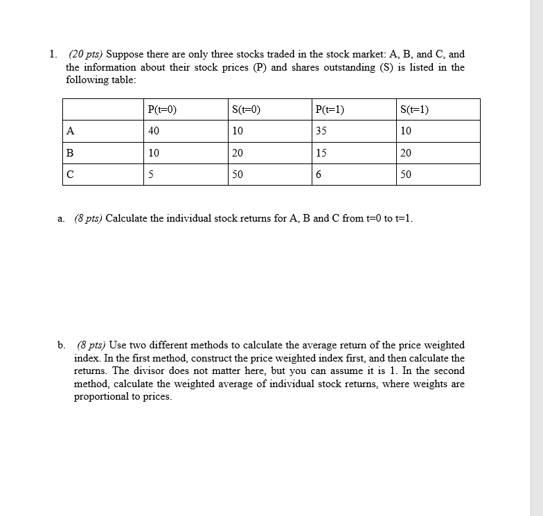 Please show work written out. No excel 1. (20 pts) Suppose there
