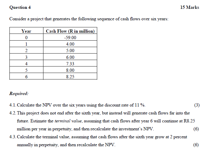 Question 4 15 Marks Consider a project that generates the following