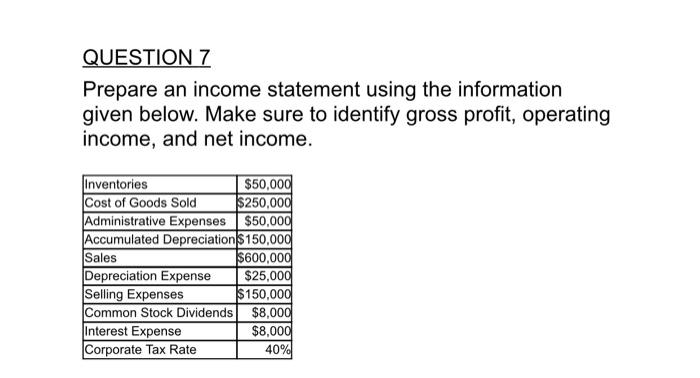  QUESTION 7 Prepare an income statement using the information given below.