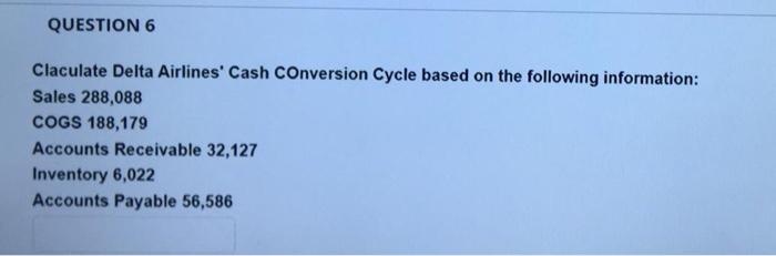  QUESTION 6 Claculate Delta Airlines' Cash Conversion Cycle based on the