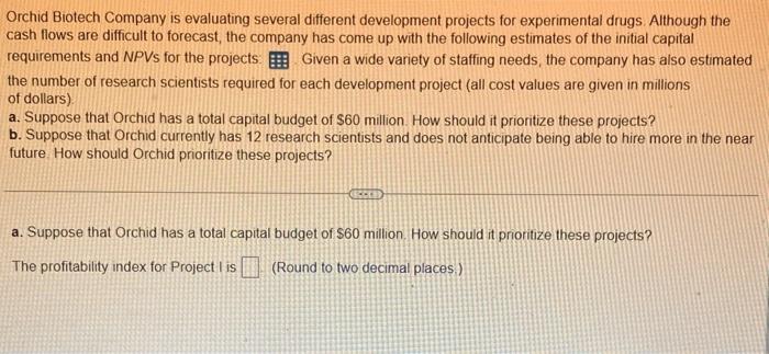  Orchid Biotech Company is evaluating several different development projects for experimental