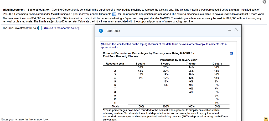  0 Initial investment-Basic calculation Cushing Corporation is considering the purchase of