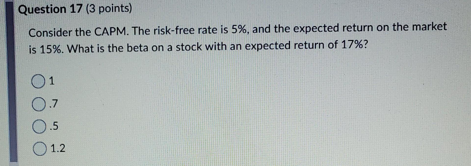 Question 17 (3 points) Consider the CAPM. The risk-free rate is