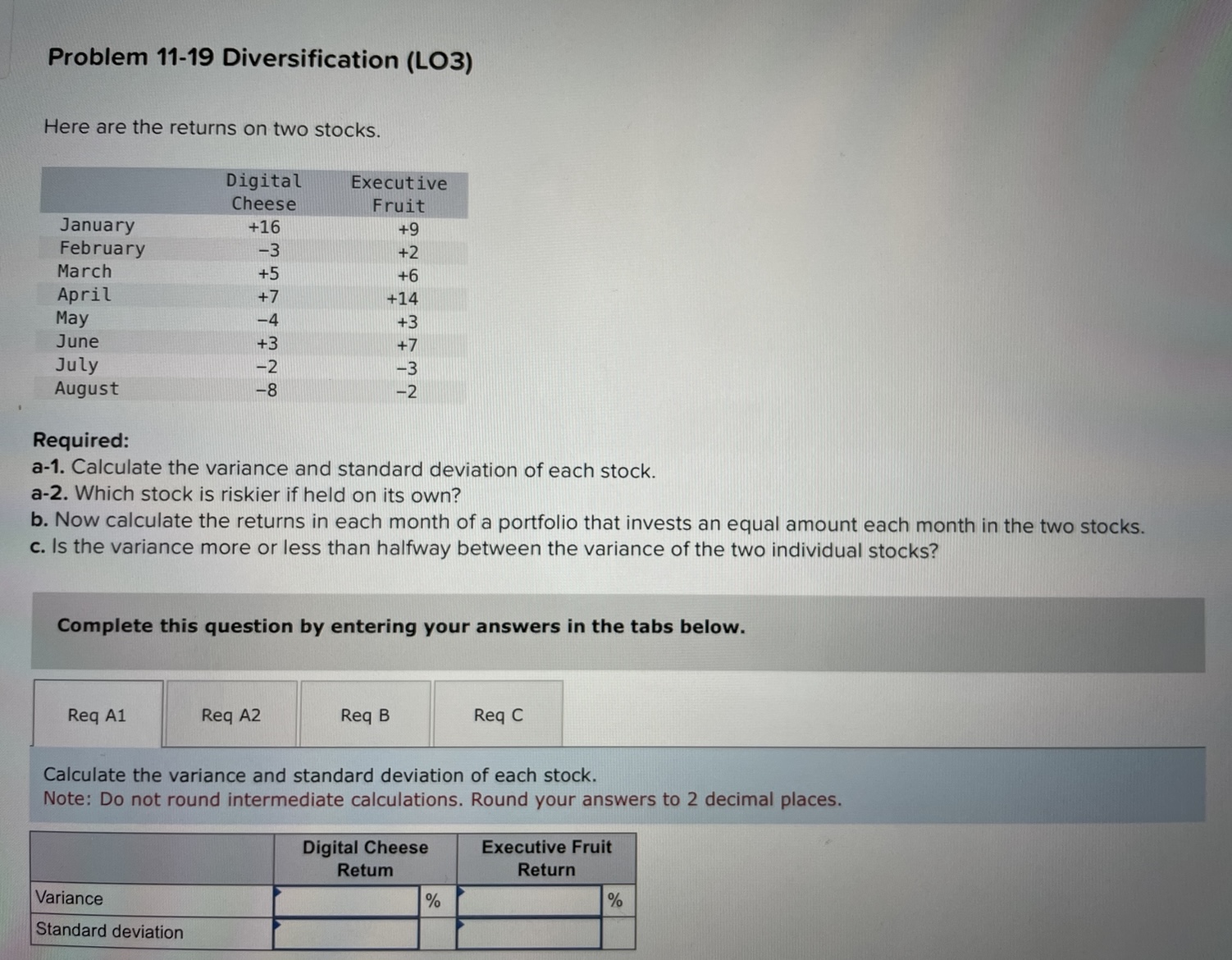  Problem 11-19 Diversification (LO3) Here are the returns on two stocks.