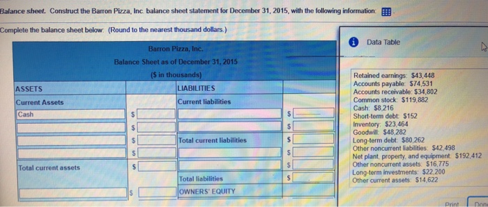  Balance sheet. Construct the Barron Pizza, Inc. balance sheet statement for