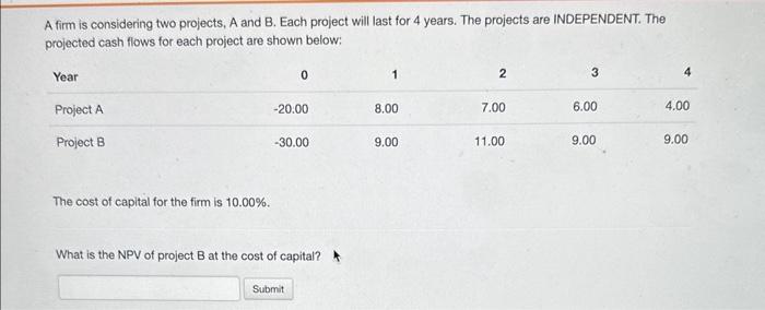 help A firm is considering two projects, A and B. Each project