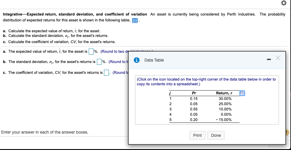 Integrative Expected return, standard deviation, and coefficient of variation An asset