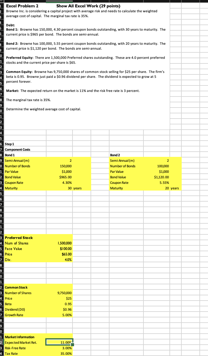 1 Excel Problem 2 Show All Excel Work (29 points) Browne