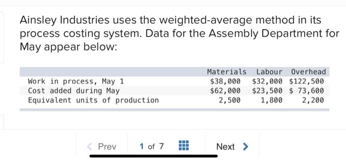  Ainsley Industries uses the weighted average method in its process costing