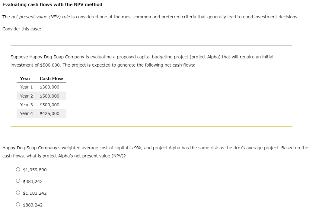  Evaluating cash flows with the NPV method The net present value