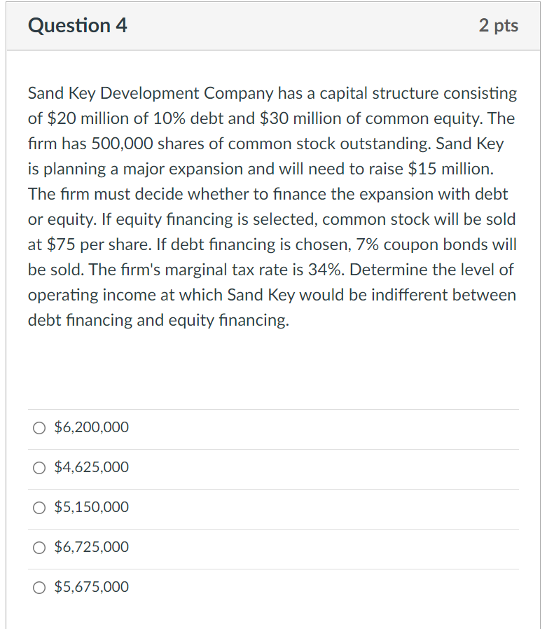  Question 4 2 pts Sand Key Development Company has a capital