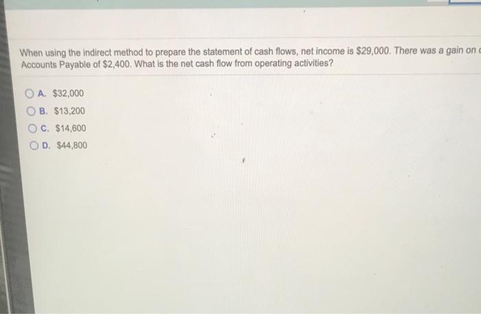  When using the Indirect method to prepare the statement of cash