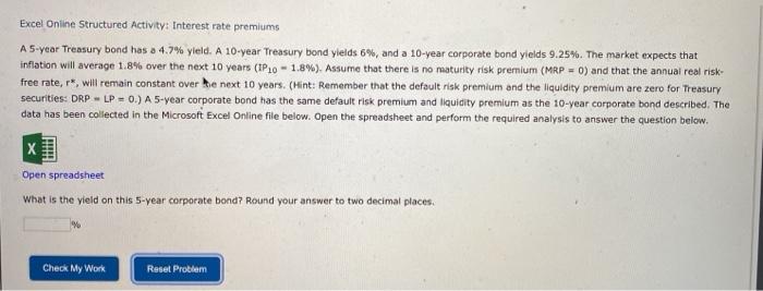  Excel Online Structured Activity: Interest rate premiums A 5-year Treasury bond