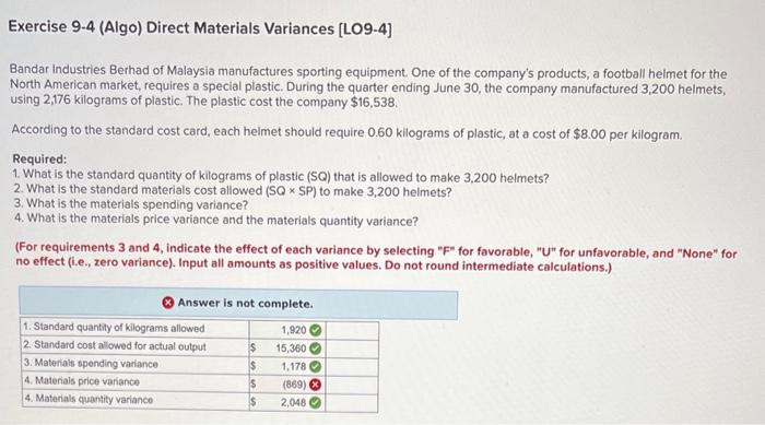 part 4 help please! Exercise 9-4 (Algo) Direct Materials Variances [LO9-4] Bandar