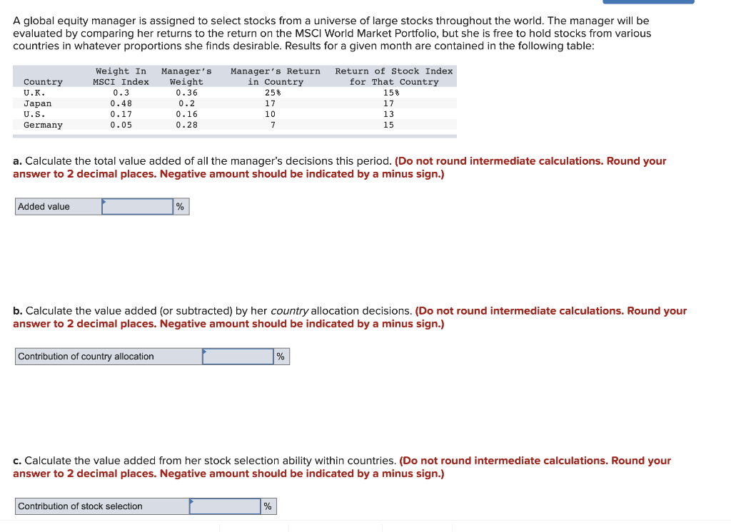 A global equity manager is assigned to select stocks from a