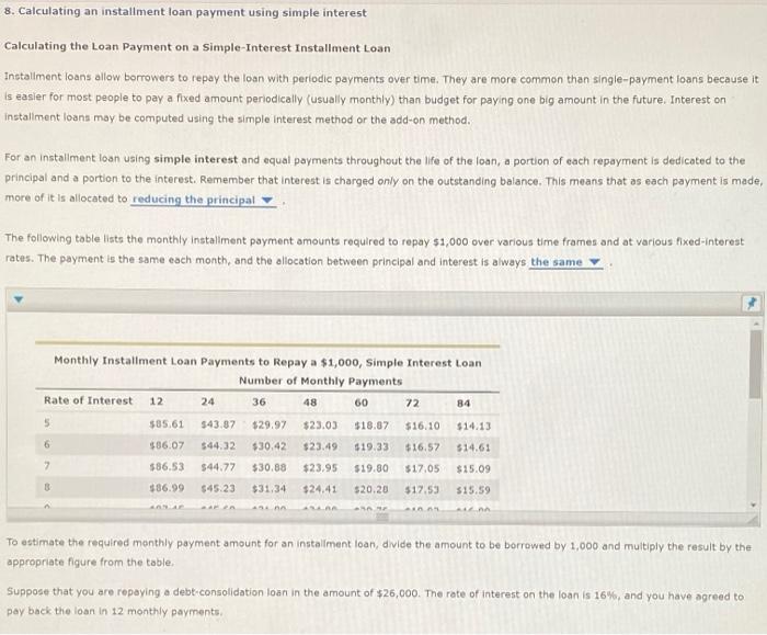 #8 8. Calculating an installment loan payment using simple interest Calculating the