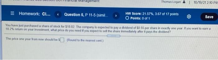  Management Thomas Logan & 10/19/212:10 PM > Homework: CI... Question 5,