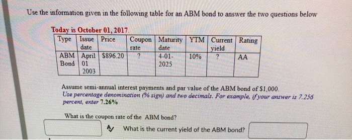 Use the information given in the following table for an ABM