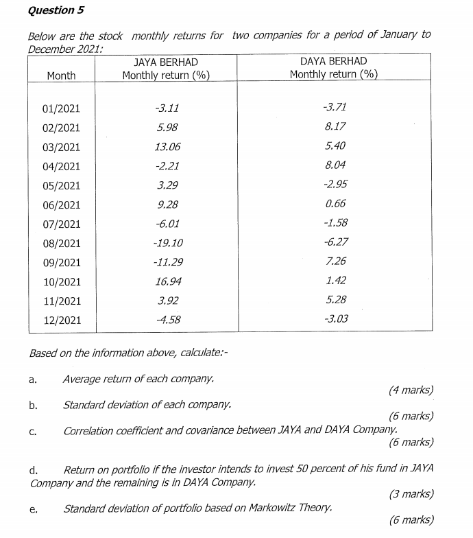 Question 5 Below are the stock monthly returns for two companies
