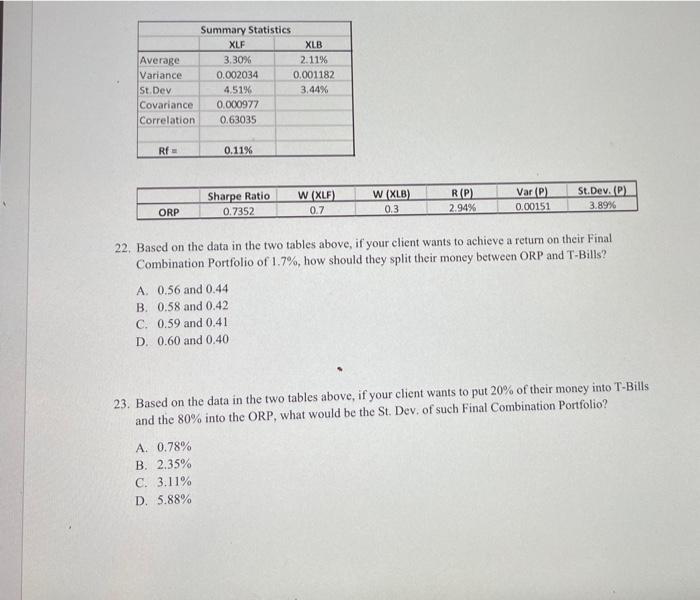 please helpplease please Summary Statistics XLF XLB Average 3.30% 2.11% Variance 0.002034
