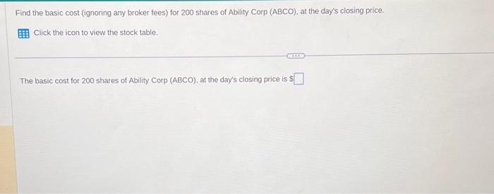  Find the basic cost (ignoring any broker fees) for 200 shares