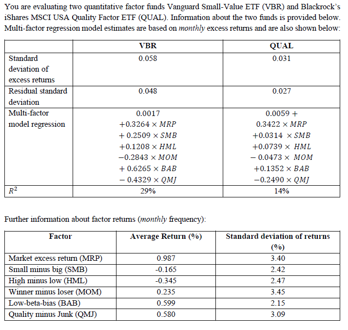  You are evaluating two quantitative factor funds Vanguard Small-Value ETF (VBR)
