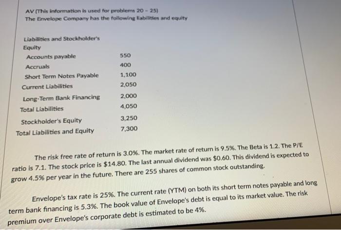  AV (This information is used for problems 20-25) The Envelope Company
