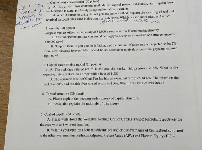  1. Capital project cvaluation ( 20 points) A. List at least