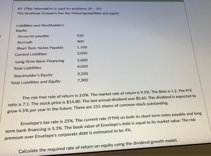  AT (This information is used for problems 20-25) The Envelope Company