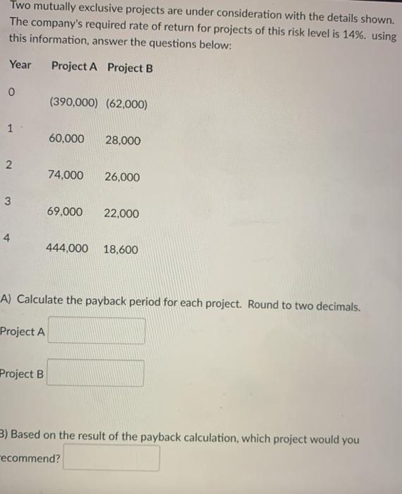 Two mutually exclusive projects are under consideration with the details shown.