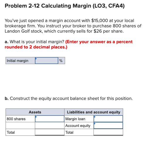 Problem 2-12 Calculating Margin (LO3, CFA4) You've just opened a margin