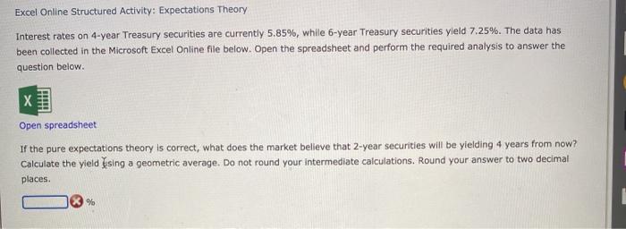  Excel Online Structured Activity: Expectations Theory Interest rates on 4-year Treasury