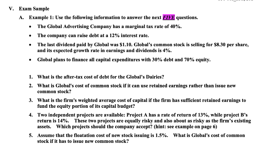 Please help!! V. Exam Sample A. Example 1: Use the following information