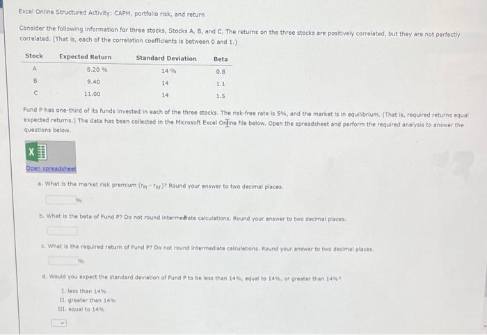  need help please Excel Online Structured Activity: CAPM, portfolio risk, and