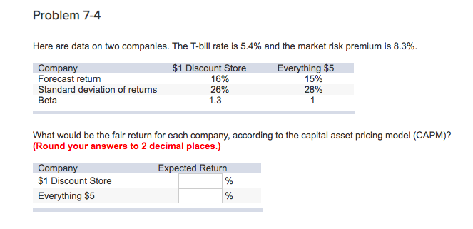  Problem 7-4 Here are data on two companies. The T-bill rate