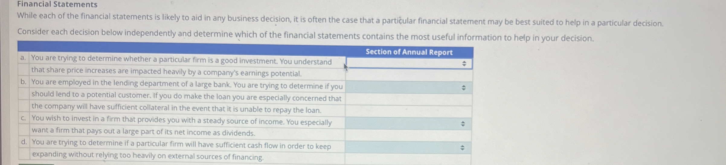  Financial Statements Consider each decision below independently and determine which of