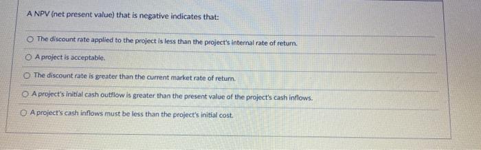  A NPV (net present value) that is negative indicates that: The