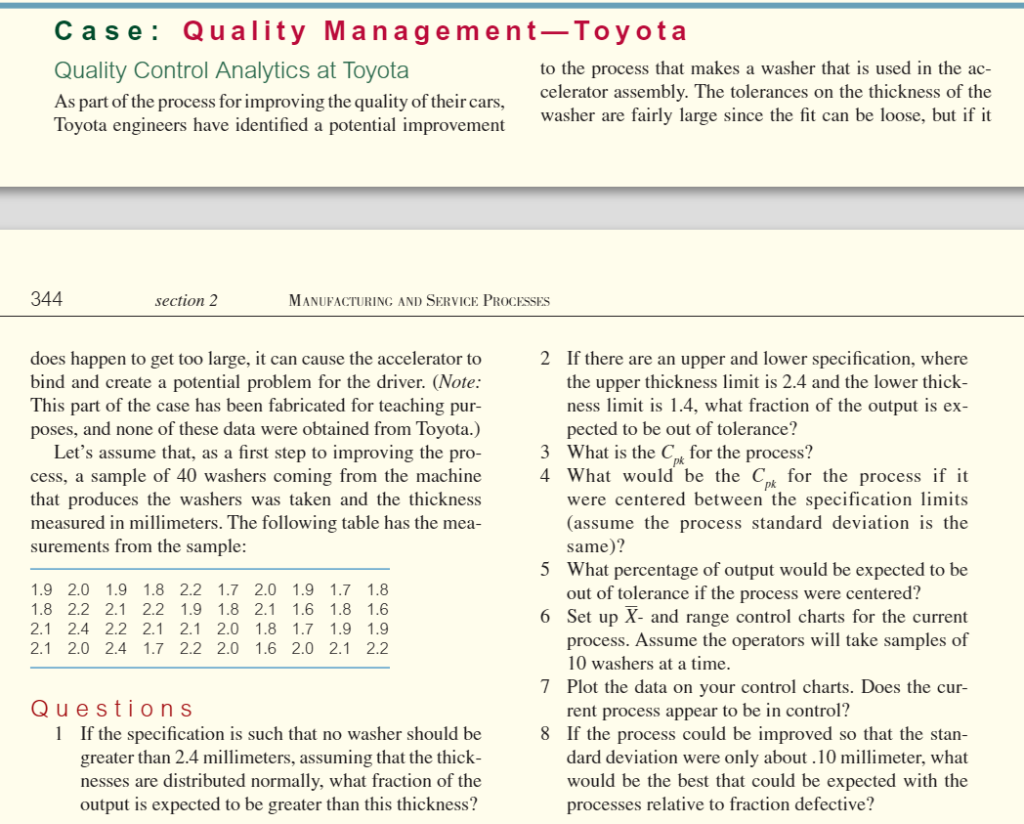 Please show work in excel Ca s e Quality Management-Toyota Quality Control