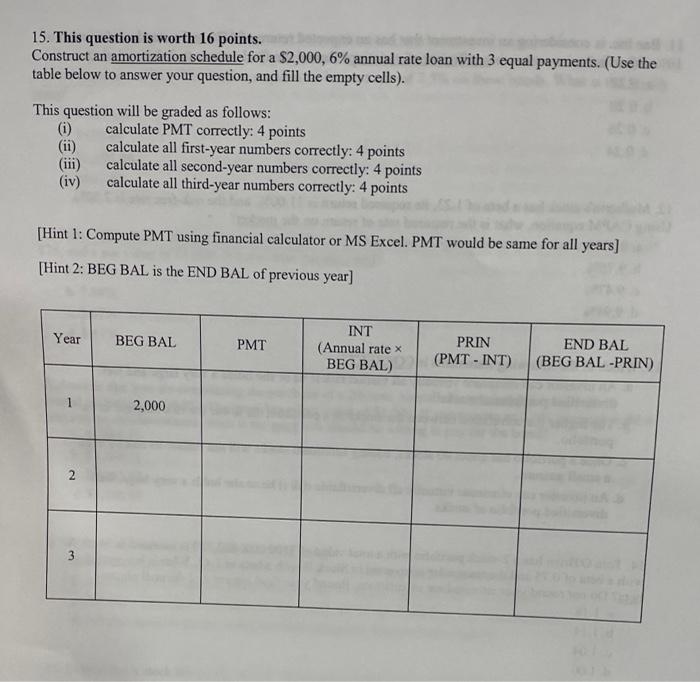  15. This question is worth 16 points. Construct an amortization schedule