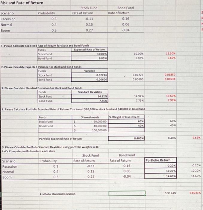 Please help calculate formula through Excel for Portfolio Standard Deviation (#5 only)!