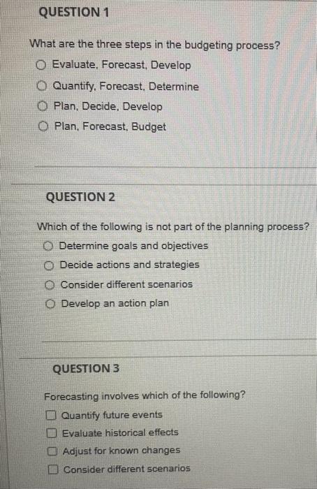  What are the three steps in the budgeting process? Evaluate, Forecast,