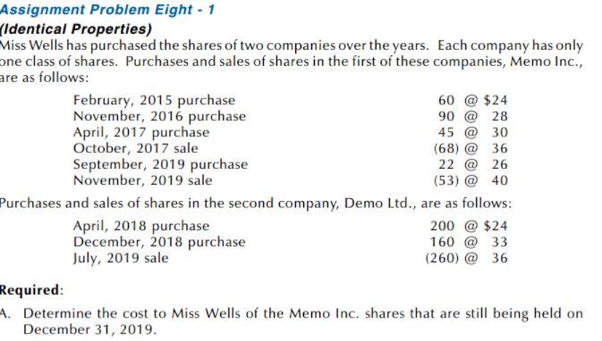 Assignment Problem Eight - 1 (Identical Properties) Miss Wells has purchased