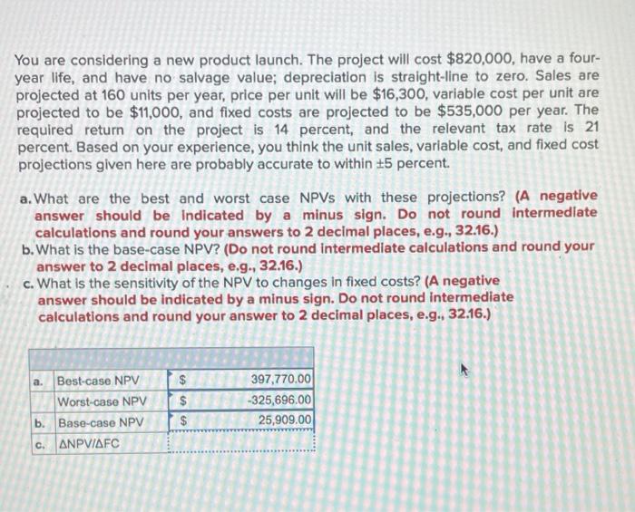  You are considering a new product launch. The project will cost