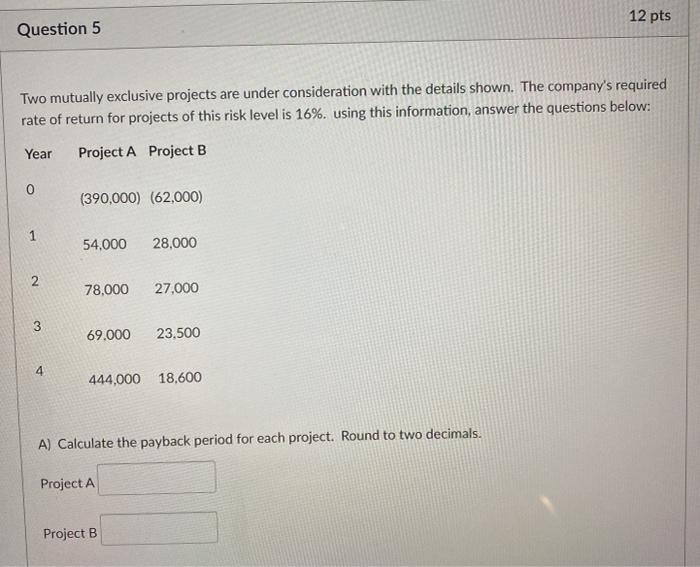  12 pts Question 5 Two mutually exclusive projects are under consideration