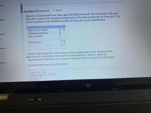  Question 37 (3 points) Surved Basic Inc, issued bonds five years