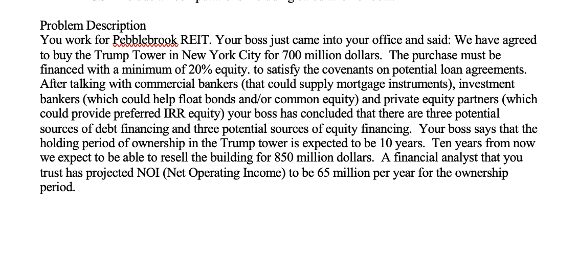  Problem Description You work for Pebblebrook REIT. Your boss just came