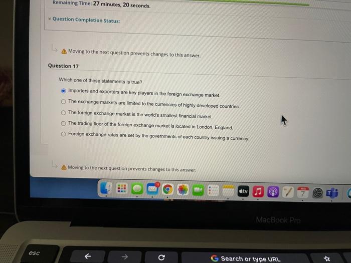  Remaining Time: 27 minutes, 20 seconds. Question Completion Status: Moving to