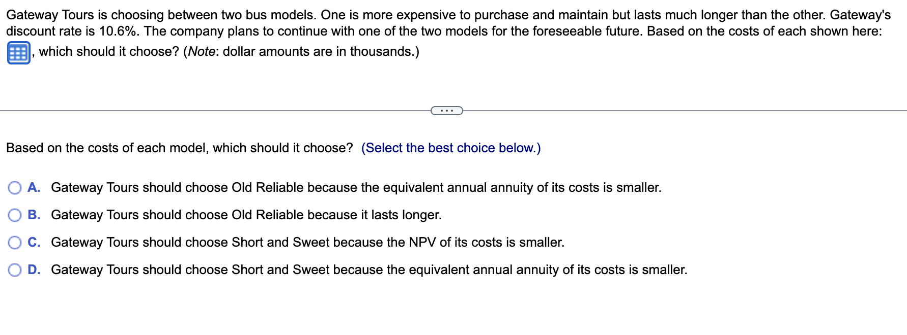 Gateway Tours is choosing between two bus models. One is more