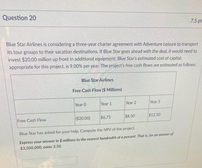 I need help, Question 20 7.5 pt Blue Star Airlines is considering